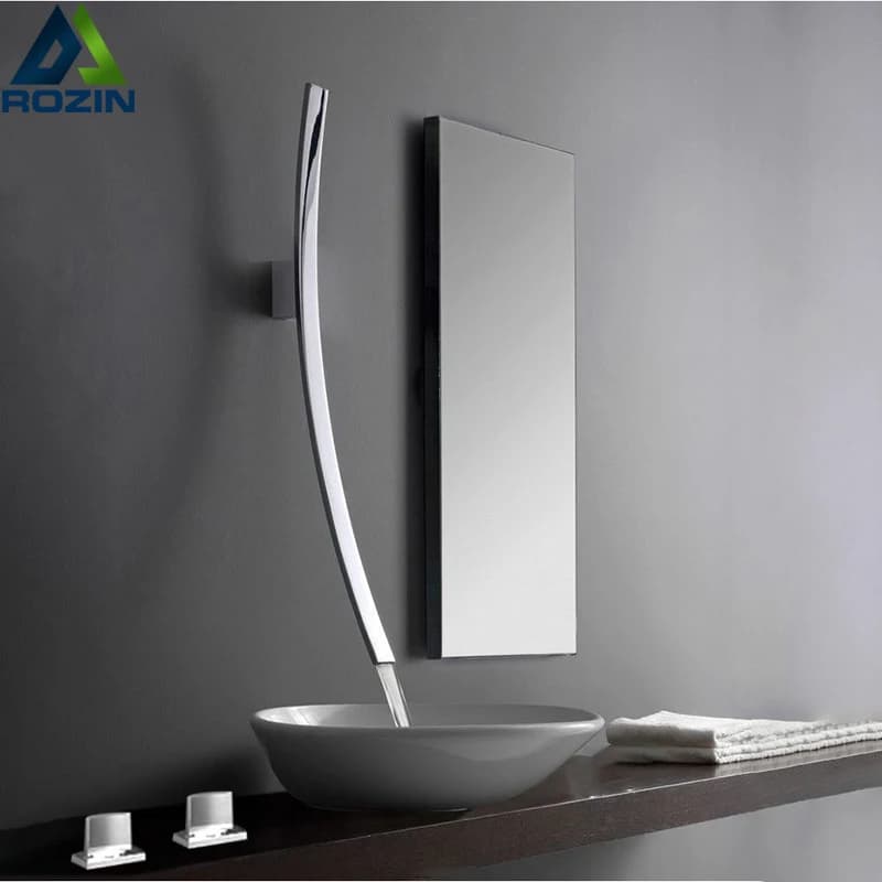 Rozin Wall Mounted 70cm Spout Waterfall Basin Faucet Single Handle Chrome Bathroom Mixer Tap Concealed Basin Sink Torneira