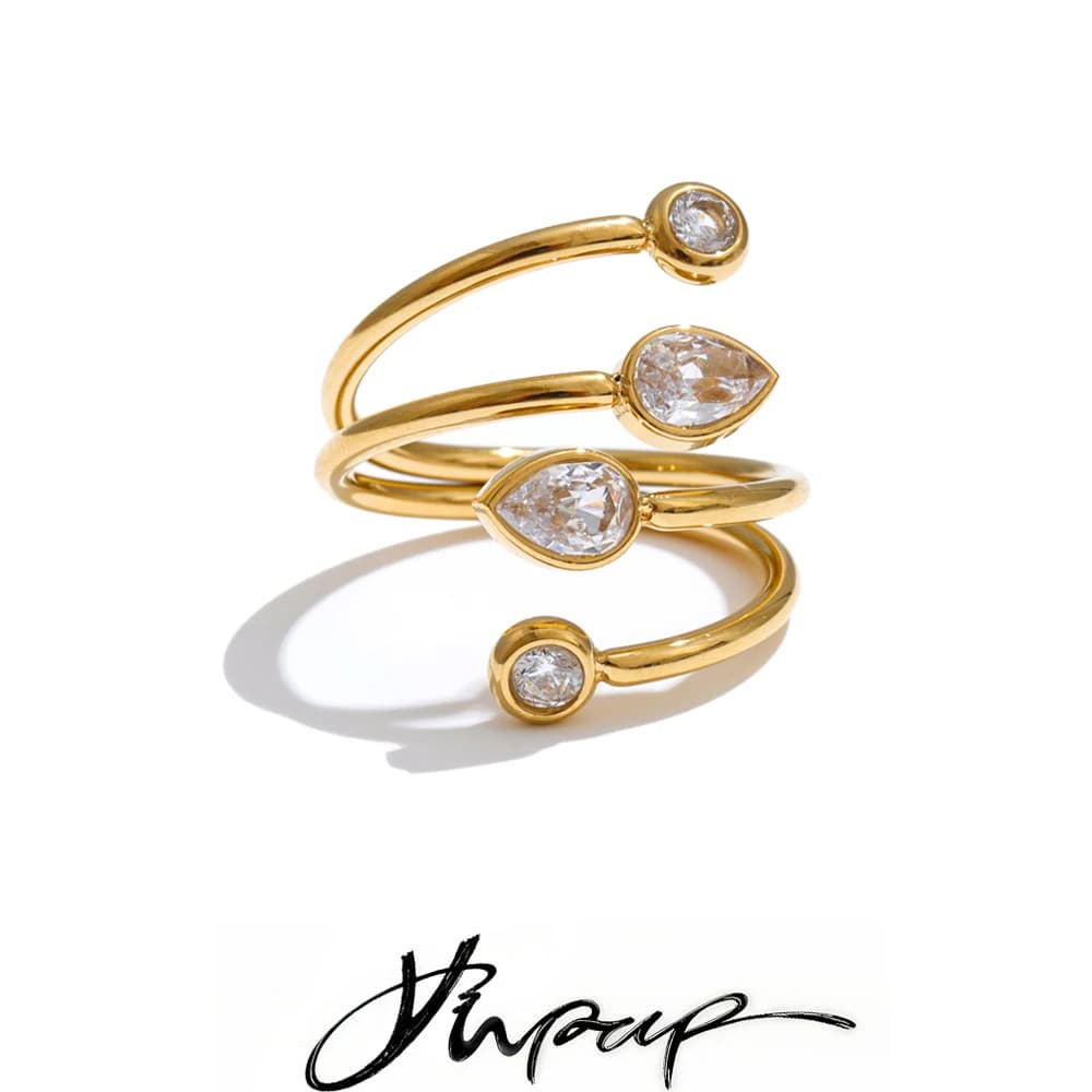 Yhpup Stainless Steel Zirconia Teardrop Round Layered Adjustable Ring New Arrivals Creativity Fashion Jewelry Gift