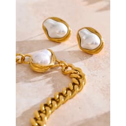 Yhpup Popular Baroque Simulated Pearls Golden Cuban Chain Necklace Earrings Vintage Stainless Steel Elegance Jewelry Gift