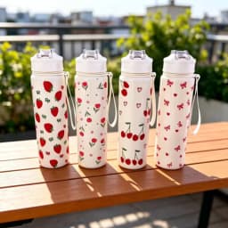 750ML Cute Strawberry Cherry Flower Bowknot Printed Tumbler with Pure White Base, High-Value Straw Cup for Sports