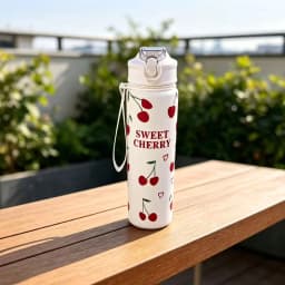 750ML Cute Strawberry Cherry Flower Bowknot Printed Tumbler with Pure White Base, High-Value Straw Cup for Sports