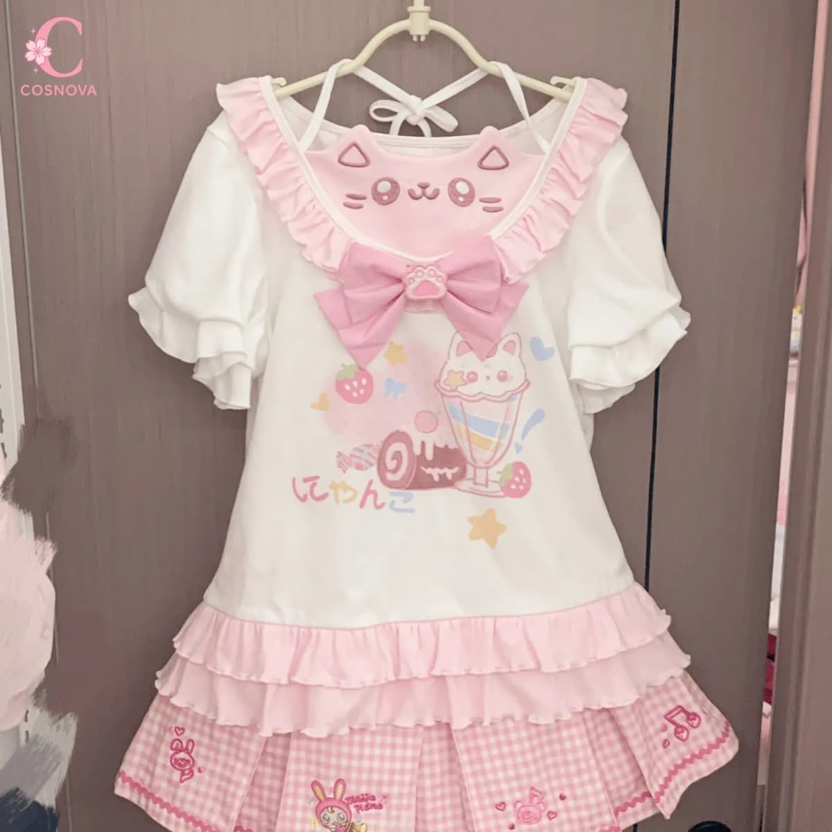 Japanese Sweet Kawaii Cat Print T-shirt Women Summer Cute Bow Ice Cream Ruffle Tiered Blouse Harajuku Y2K Casual Coquette Top