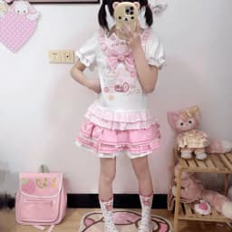 Japanese Sweet Kawaii Cat Print T-shirt Women Summer Cute Bow Ice Cream Ruffle Tiered Blouse Harajuku Y2K Casual Coquette Top