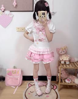 Japanese Sweet Kawaii Cat Print T-shirt Women Summer Cute Bow Ice Cream Ruffle Tiered Blouse Harajuku Y2K Casual Coquette Top