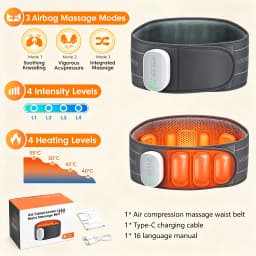 Lumbar Massager Belt, Heated Airbag Waist Support, Cordless Lower Back Wrap, 3 Modes 4 Heat Levels 4 Intensities, USB-C for Home