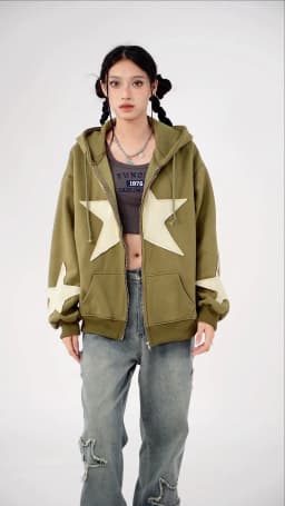 Y2K Vintage Star Print Hooded Hoodie for Women Casual Loose Long Sleeve Zip Up Drawstring Sweatshirts Autumn Spring Coat Street