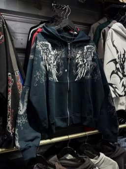 Mens Zip Up Hoodie Dark Blue Wings Print Unique Graphic Y2K Streetwear American Urban Pullover Youth Clothing Hooded Sweatshirt