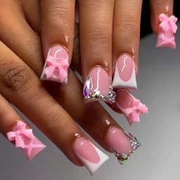 24pcs Nude Pink Sweet Fake Nails Short Duckbill Leopard Print French False Nails With 3D Bowknots Butterfly Cherry Press On Nail