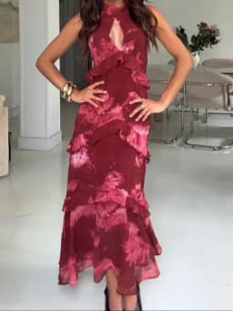 Hollow-out Halter Maxi Dresses Women Sleeveless Backless Waist-cinching Ruffles Dress 2026 New Ladies Summer Party Evening Robe