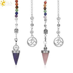 CSJA Natural Stone Cone Pendulums Crystal 3D Buddha 7 Chakras Chain Reiki Pendulum for Dowsing Pendule Radiestesia Pendulo G251