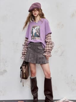 ELFSACK Y2K Long Sleeve Top Women Romantic Loose Round Neck Long Sleeve T-Shirt Fake Two-Piece Ruffle Sleeve Cute Print Top