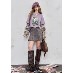 ELFSACK Y2K Long Sleeve Top Women Romantic Loose Round Neck Long Sleeve T-Shirt Fake Two-Piece Ruffle Sleeve Cute Print Top