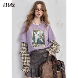 ELFSACK Y2K Long Sleeve Top Women Romantic Loose Round Neck Long Sleeve T-Shirt Fake Two-Piece Ruffle Sleeve Cute Print Top