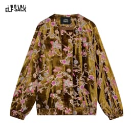 ELFSACK 2025 Gold Velvet Jacket Women's Winter Short Coat, Embroidered Goldfish Chinese Style Vintage Loose Padded Jacket