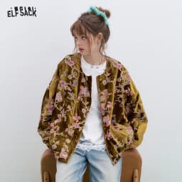ELFSACK 2025 Gold Velvet Jacket Women's Winter Short Coat, Embroidered Goldfish Chinese Style Vintage Loose Padded Jacket