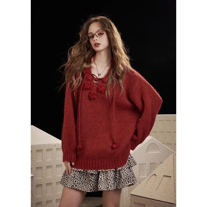 ELFSACK Y2K Design Loose Solid 3D Rose Drawstring Tie Sweater For Women