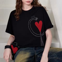 TOYOUTH Women T-shirt 2026 Summer New Antibacterial Pure Cotton Round Neck Loose Fun Abstract Love Towel Embroidered Top