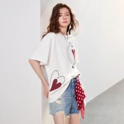 TOYOUTH Women T-shirt 2026 Summer New Antibacterial Pure Cotton Round Neck Loose Fun Abstract Love Towel Embroidered Top