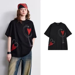 TOYOUTH Women T-shirt 2026 Summer New Antibacterial Pure Cotton Round Neck Loose Fun Abstract Love Towel Embroidered Top