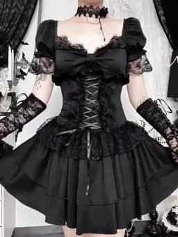 Goth Dark Gothic Lace Trim Puff Sleeve A-line Mini Dress Women Outfits Embellished Square Neck Dresses Bandage Lace Up Halloween