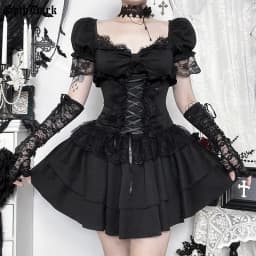 Goth Dark Gothic Lace Trim Puff Sleeve A-line Mini Dress Women Outfits Embellished Square Neck Dresses Bandage Lace Up Halloween