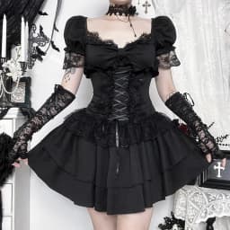 Goth Dark Gothic Lace Trim Puff Sleeve A-line Mini Dress Women Outfits Embellished Square Neck Dresses Bandage Lace Up Halloween
