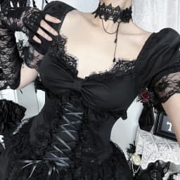 Goth Dark Gothic Lace Trim Puff Sleeve A-line Mini Dress Women Outfits Embellished Square Neck Dresses Bandage Lace Up Halloween
