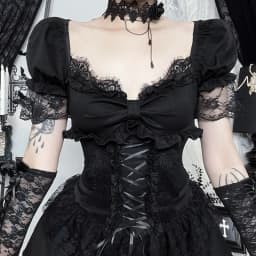 Goth Dark Gothic Lace Trim Puff Sleeve A-line Mini Dress Women Outfits Embellished Square Neck Dresses Bandage Lace Up Halloween