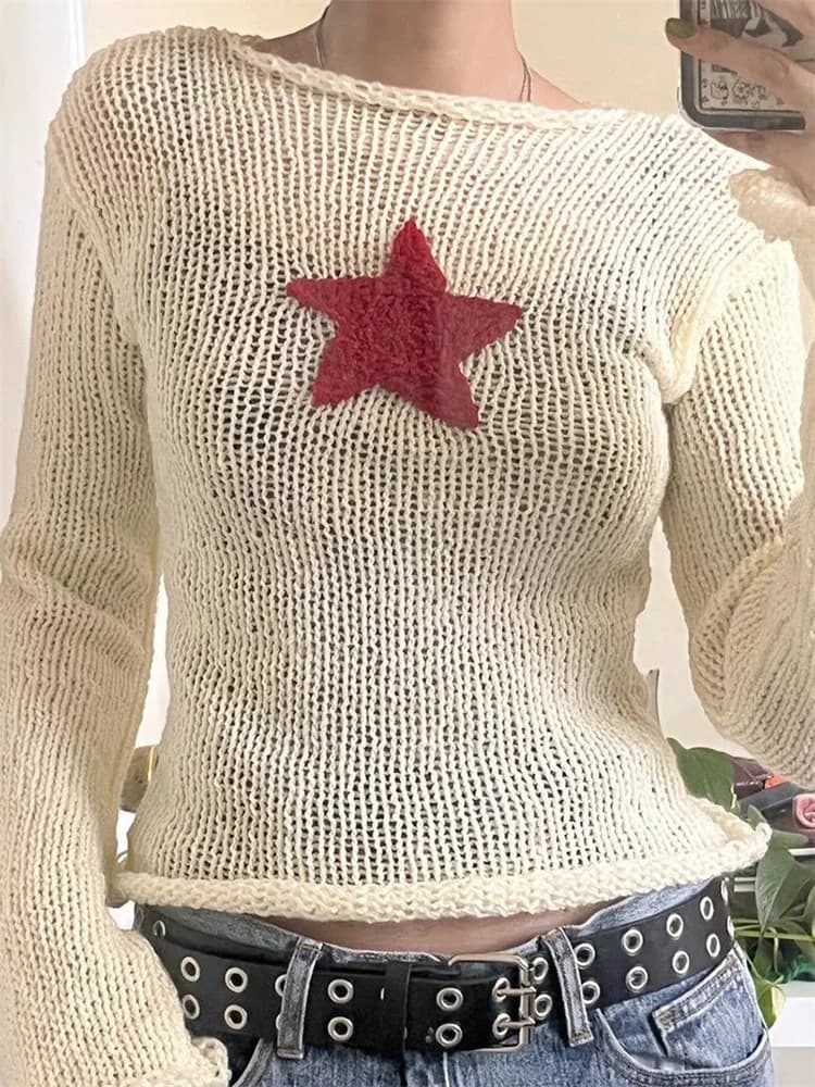 Women Knitted Tops Long Sleeve Crew Neck Star Pattern Sweater Y2K Aesthetic Clothes Gothic Grunge Autumn Shirts Streetwear
