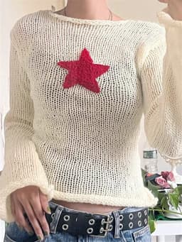 Women Knitted Tops Long Sleeve Crew Neck Star Pattern Sweater Y2K Aesthetic Clothes Gothic Grunge Autumn Shirts Streetwear