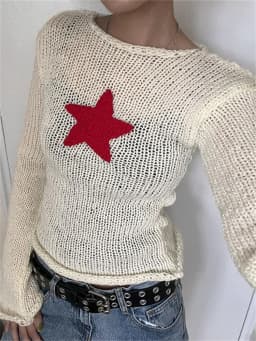 Women Knitted Tops Long Sleeve Crew Neck Star Pattern Sweater Y2K Aesthetic Clothes Gothic Grunge Autumn Shirts Streetwear