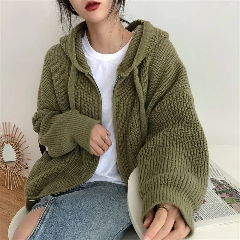 Woman Japanese Retro Hooded Knitted Cardigan Female Autumn Winter Zipper Pockets Sweater Coat Women Casual Loose Solid Knitwear