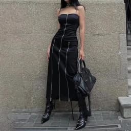 Goth Dark Techwear Fashion Zip Up Midi Dresses Cyber Y2k Mall Gothic Split Women Tube Dress Partywear Punk Off Shoulder Outfits