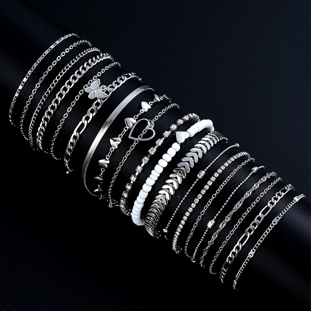 19Pcs/Set New Design Silver Color Anklet Sets for Women Fashion Pearl Butterfly Heart Crystal Foot Chain Versatile Daily Jewelry