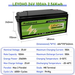 Aninerel 24V 100Ah 2560Wh Lithium LiFePO4 Battery with 100A BMS Perfect for RV Golf Cart Solar Power System Trolling Motor