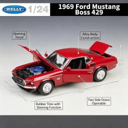 WELLY 1:24 1969 Ford Mustang 429 Cobra Jet, Official Licensed Diecast Alloy Muscle Car Model, Classic American Collectible Gift