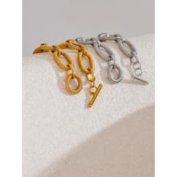 Yhpup 316L Stainless Steel Metal Texture Oval Chain Bracelet Bangle Men Women 18K PVD Plated Toggle-Clasps Statement Jewelry