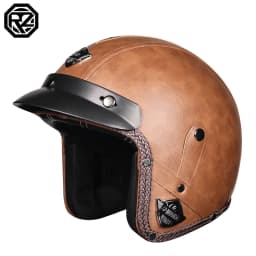 ORZ New PU Leather 3/4 Retro Cruising Motorcycle Helmet Summer Scooter Half Helmet with Mask Windshield DOT Approval