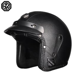 ORZ New PU Leather 3/4 Retro Cruising Motorcycle Helmet Summer Scooter Half Helmet with Mask Windshield DOT Approval