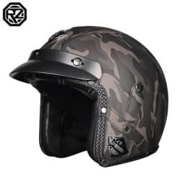 ORZ New PU Leather 3/4 Retro Cruising Motorcycle Helmet Summer Scooter Half Helmet with Mask Windshield DOT Approval