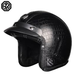 ORZ New PU Leather 3/4 Retro Cruising Motorcycle Helmet Summer Scooter Half Helmet with Mask Windshield DOT Approval