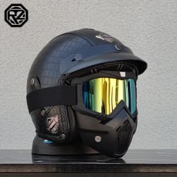 ORZ New PU Leather 3/4 Retro Cruising Motorcycle Helmet Summer Scooter Half Helmet with Mask Windshield DOT Approval