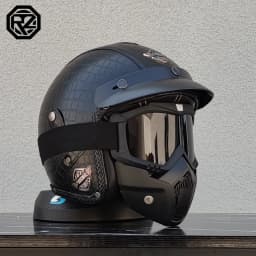 ORZ New PU Leather 3/4 Retro Cruising Motorcycle Helmet Summer Scooter Half Helmet with Mask Windshield DOT Approval