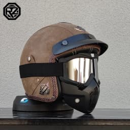 ORZ New PU Leather 3/4 Retro Cruising Motorcycle Helmet Summer Scooter Half Helmet with Mask Windshield DOT Approval