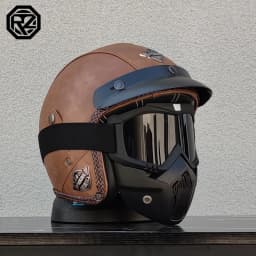 ORZ New PU Leather 3/4 Retro Cruising Motorcycle Helmet Summer Scooter Half Helmet with Mask Windshield DOT Approval
