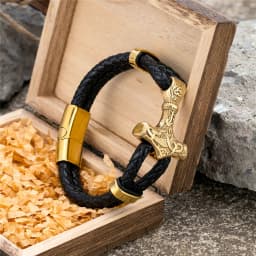 MKENDN Gothic Punk Mens Black Leather Braided Wristband with Thor's Hammer Pendant Leather Cuff Wristband Stainless Steel Buckle