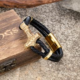 MKENDN Gothic Punk Mens Black Leather Braided Wristband with Thor's Hammer Pendant Leather Cuff Wristband Stainless Steel Buckle