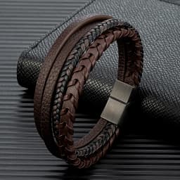 MKENDN Fashion Men Braided Rope Multilayer Leather Bracelet Matte Black Stainless Steel Bangle Hand-woven Jewelry Gifts