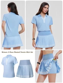 VITALINOVO Women 2 Pieces Athletic Skirt Set Outfits V Neck Polo Shirts High Waisted Pleated Tennis Skirts Golf Pickball Dress