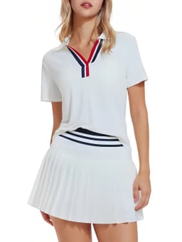 VITALINOVO Women 2 Pieces Athletic Skirt Set Outfits V Neck Polo Shirts High Waisted Pleated Tennis Skirts Golf Pickball Dress